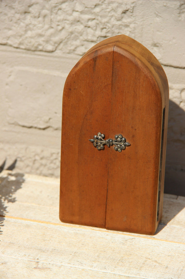 Antique French Religious travel triptych Crucifix Madonna joseph statue velvet