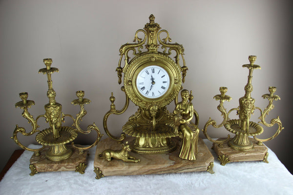 RARE french 1976 marble Lion fountain heads lady dog clock + pair candelabras