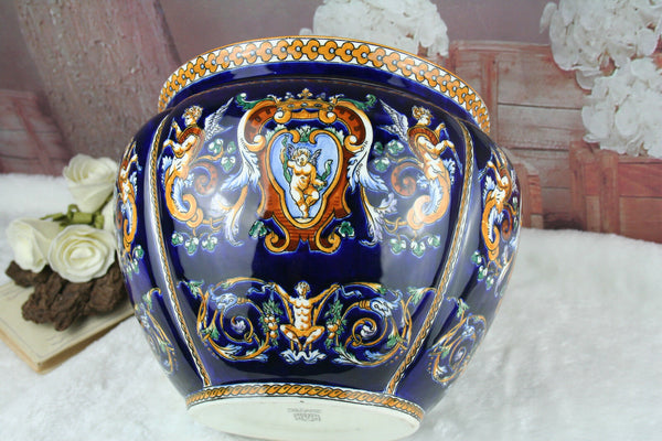 French GIEN Mythological Porcelain Satyr faun putti planter jardiniere 1930