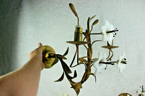 PAIR large antique french religious church brass opaline lily flower sconces