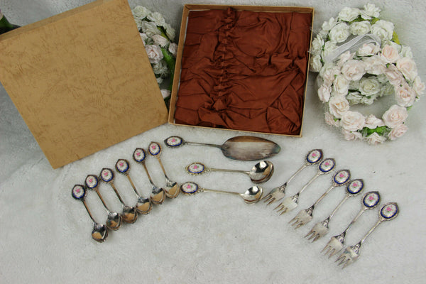 Vintage Cake pie tableware with sevres porcelain plaques spoons fork boxed