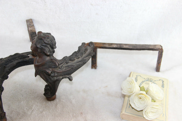 PAIR Rare Antique French Putti Cherub Bronze Cast iron Fireplace andirons
