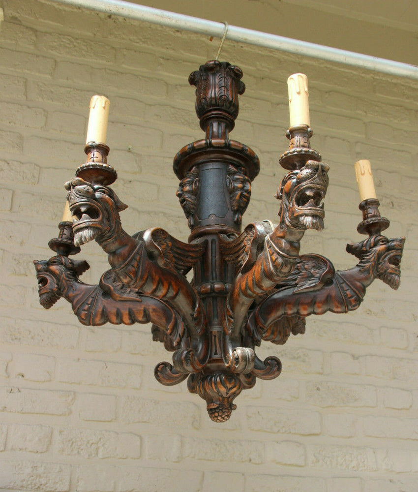 Antique french oak wood carved gothic castle dragon devil heads chandelier rare