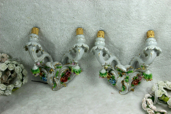 PAIR Italian capodimonte porcelain majolica relief flowers wall lights sconces