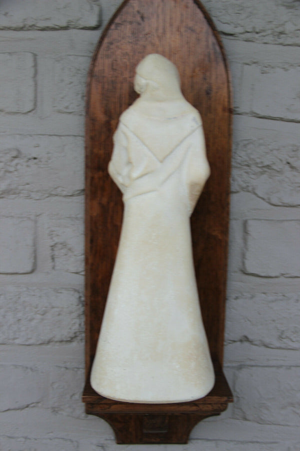 Antique French Religious chalkware Madonna statue on wood console marked