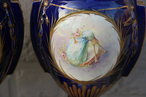 Antique PAIR french putti angels porcelain Blue Vases 19th c