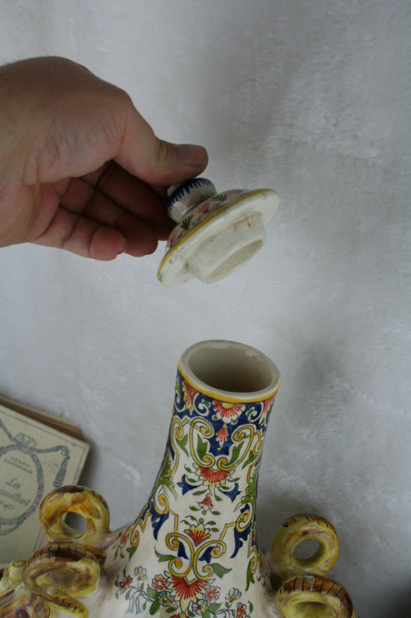 Antique French Rouen Flask 19thc marked floral Satyr devil heads faience