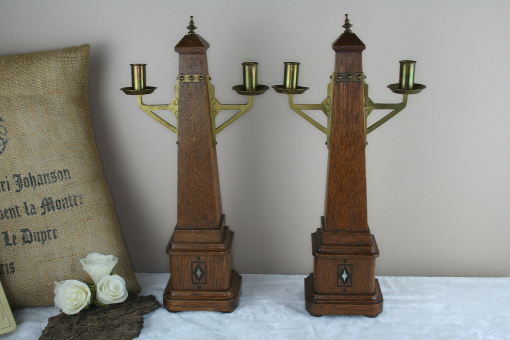 PAIR art nouveau french Religious  Wood brass Candle holders 1935 Rare