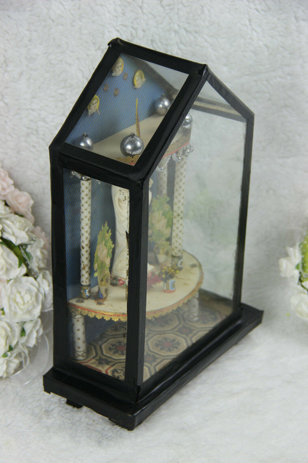 Antique 1900 French Home altar chapel glass Madonna religious