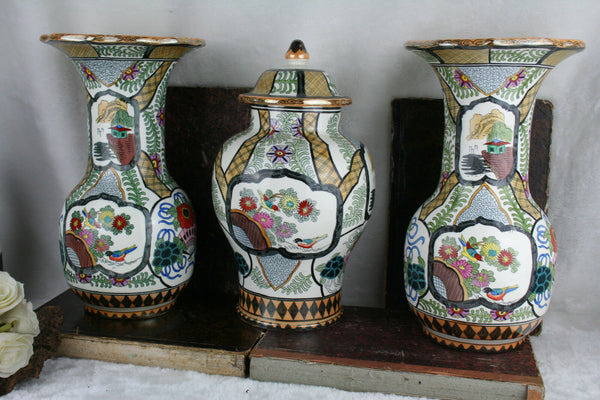 Set 3 pottery Petrus regout Vases Set birds floral decor marked Delft decor
