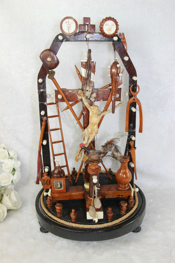 Unusual Antique Crucifix religious folkloric art Christ wood plaster Rare