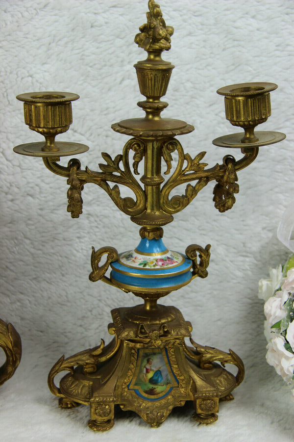 Antique 1860 SEVRES porcelain putti floral plaques clock set candlelabras