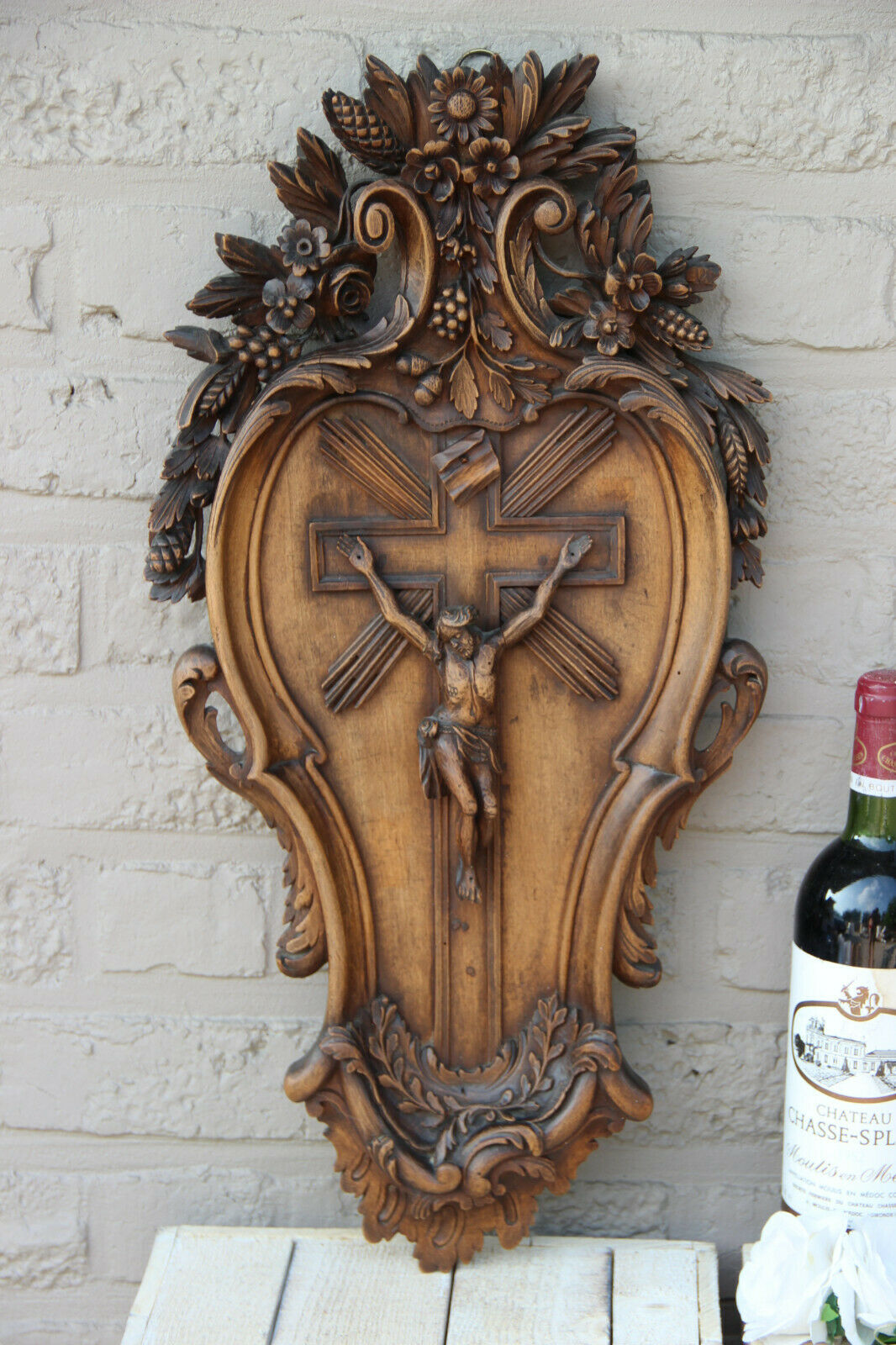 Antique German black forest wood carved crucifix cross Religious top