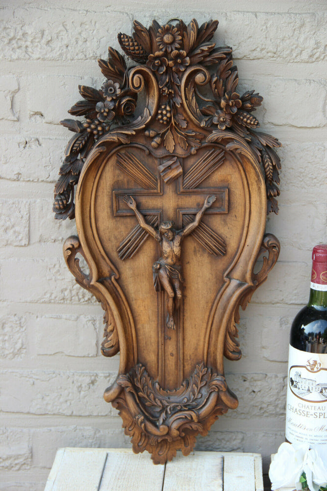 Antique German black forest wood carved crucifix cross Religious top