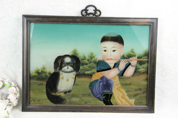 Chinese EGLOMISE Reverse glass painting child pekinese dog