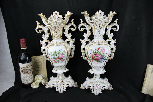 LARGE PAIR VIEUX PARIS  porcelain 1900 French antique VASES floral decor