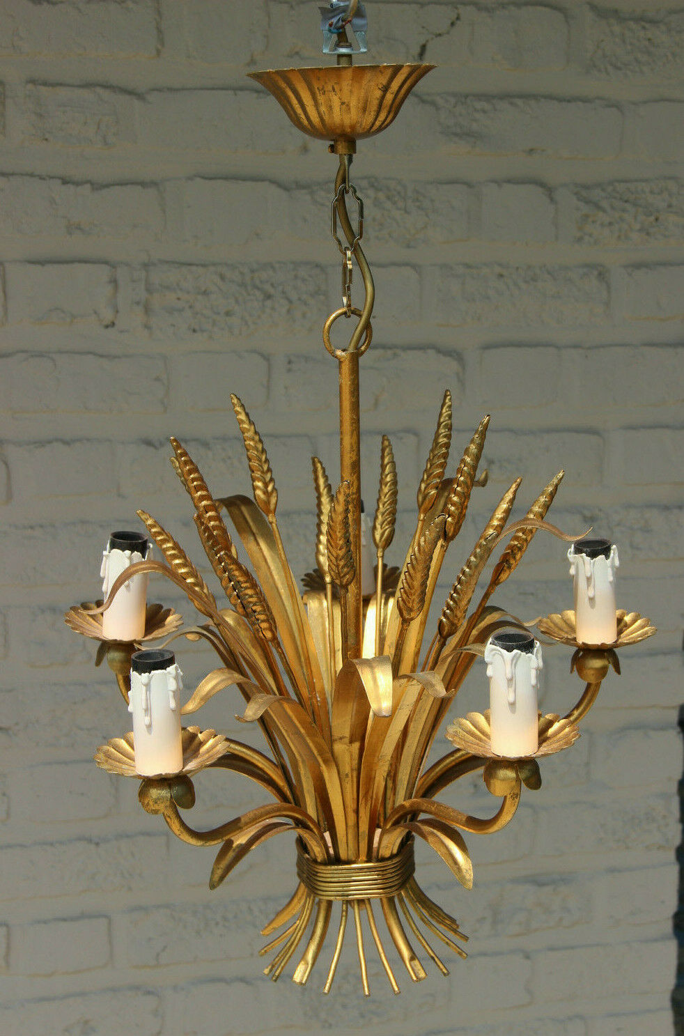 Hollywood regency mid century wheat corn leaf chandelier pendant  5 arms 1970