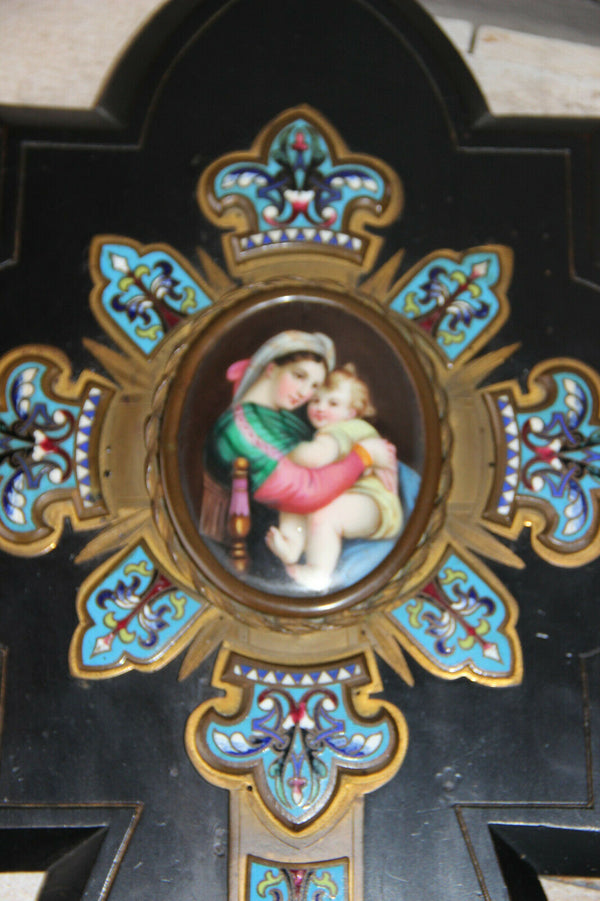 Antique XL Napoleon III holy water font enamel cloisonne porcelain madonna
