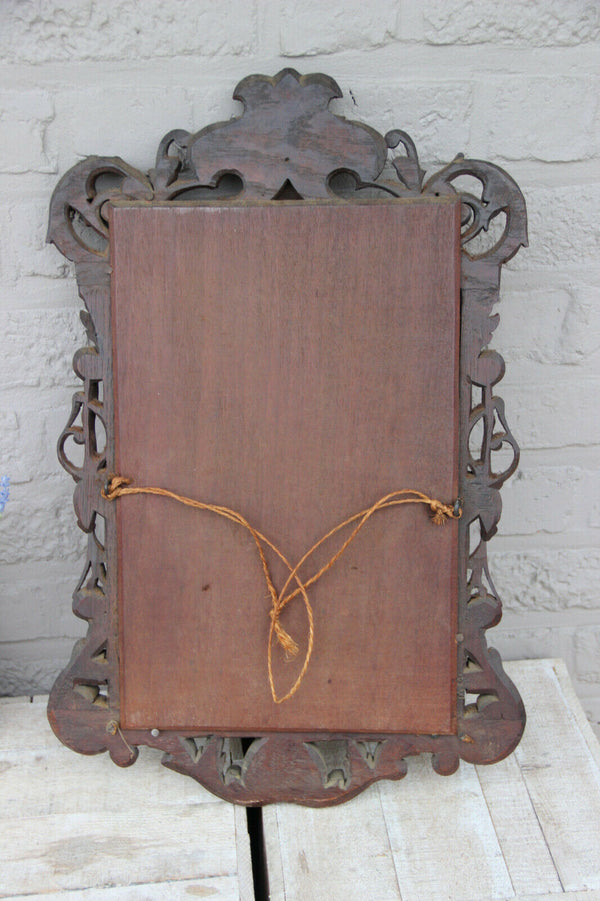 Rare antique black forest wood carved Frame with oil panel painting chickens