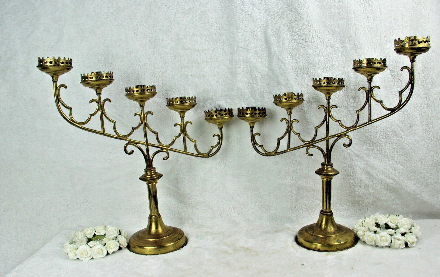 PAIR Church Altar neo gothic brass copper 5 arm candle holders religious