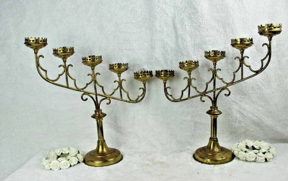PAIR Church Altar neo gothic brass copper 5 arm candle holders religious