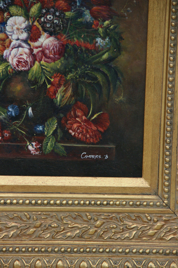 Flemish school oil panel still life flower bouquet signed framed 1950