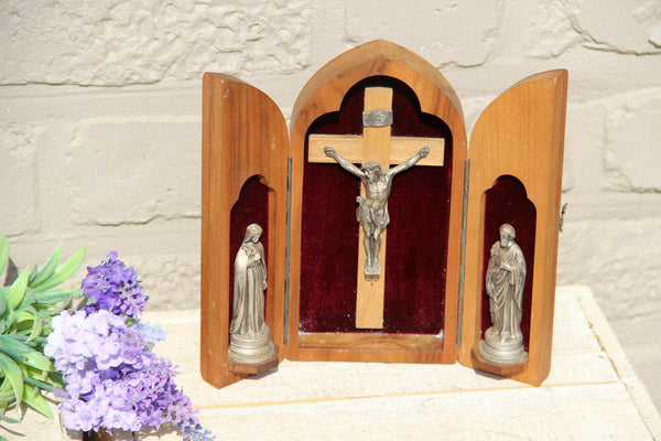 Antique French Religious travel triptych Crucifix Madonna joseph statue velvet