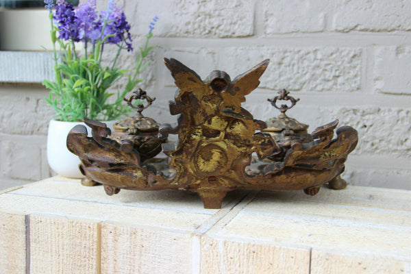 Antique Large French bronze Inkwell art nouveau Satyr devil head gothic dragon