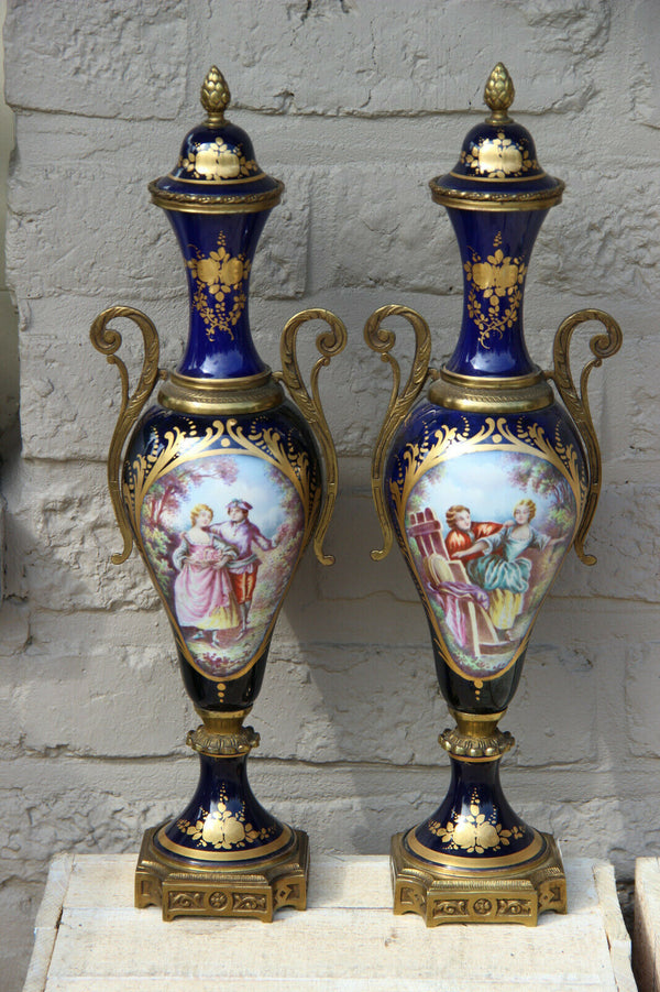 PAIR antique French Sevres porcelain Cobalt blue Vases romantic victorian scene