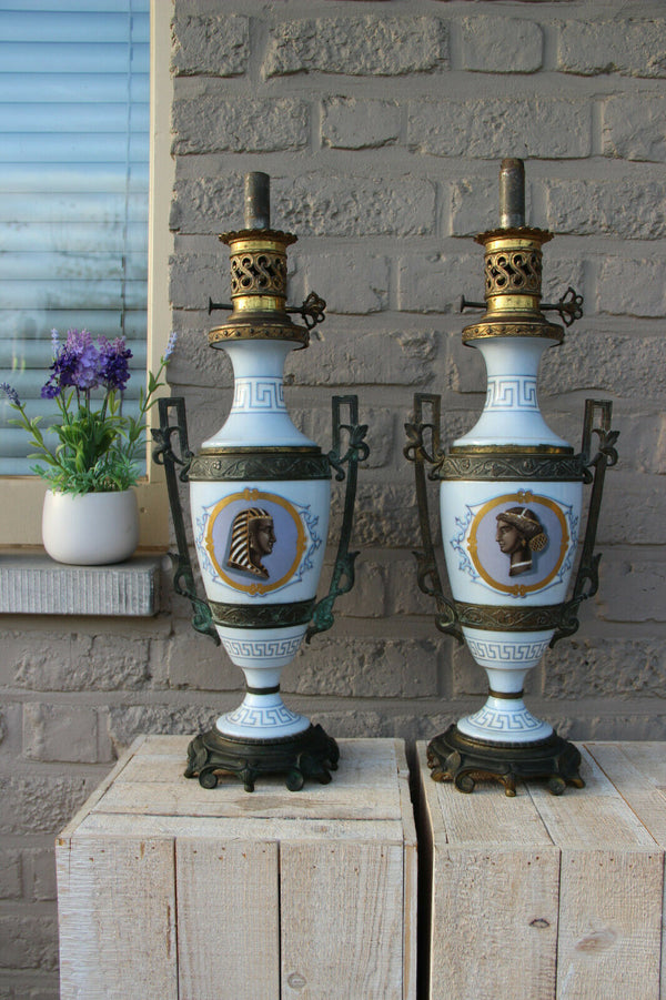 PAIR antique French oil Lamps porcelain Bronze Egypt potrait heads Rare marked