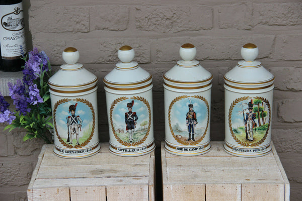 Rare Set 4 Empire vieux paris napoleonic soldier porcelain apothecary jars pots
