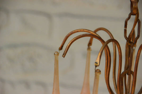 Vintage Italian 1960 metal gold gilt Muranp pink drops chandelier
