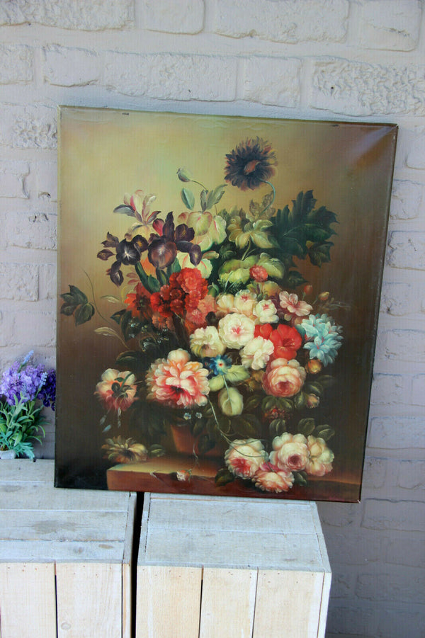 Flemish school vintage oil canvas painting floral flowers bouquet