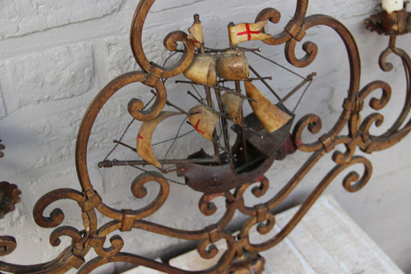 Rare Unusual Antique Bronze French Wrought iron Ship boat chandelier 6 lamps