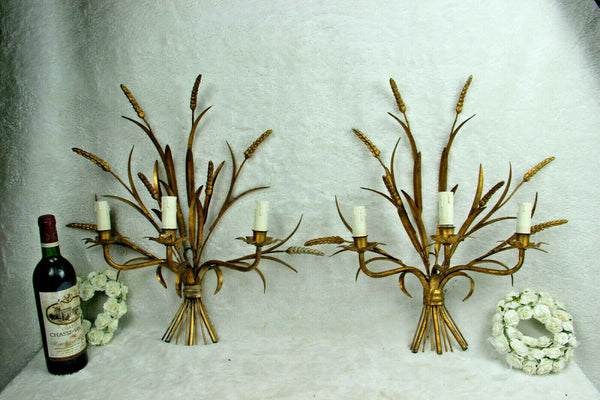 PAIR XXL Hollywood regency 3 arm Italian Gilt Metal Wheat Sheaf Wall Sconces