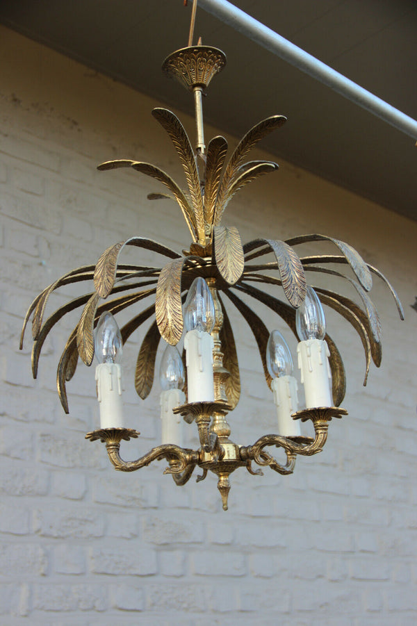 French Vintage 1970 Palm tree metal brass Chandelier 5 arms attr. maison jansen