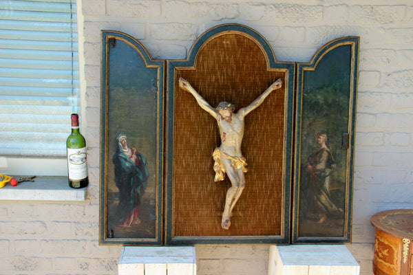 Antique rare religious XXL wall Triptych Wood carved christ oil panel paintings