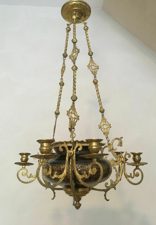 Antique French CHOISY LE ROI Faience Dragon gothic castle chandelier candles