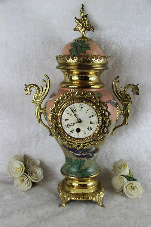 French Vintage Faience art nouveau design Clock dragon brass handles