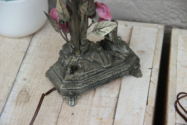 Antique French Notre dame LOURDES Spelter music box porcelain flowers lamp