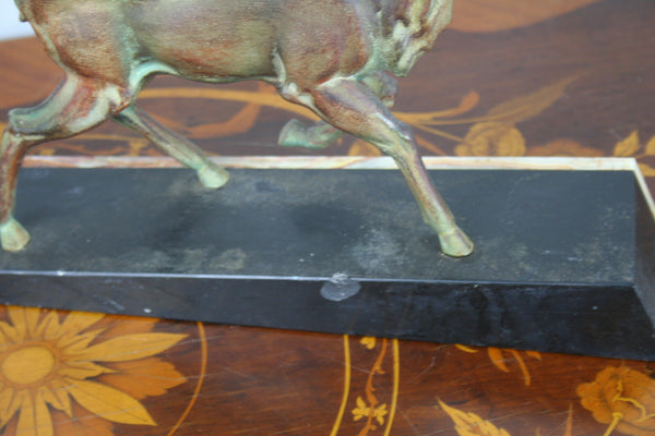 ART DECO French 1930 Deer hunt spelter bronze patina marble base