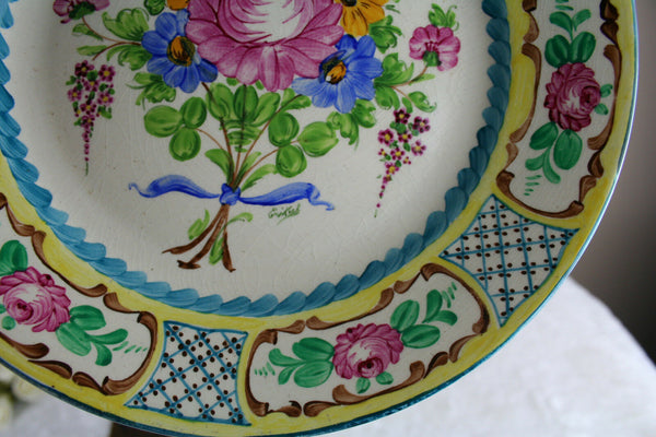 PAIR Faience pottery Plates floral hand paint decor French 1950's signed