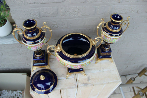 French set of 3 porcelain limoges centerpiece bowl with vases floral decor 1960