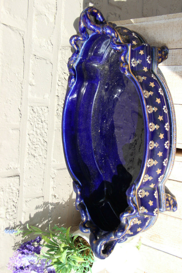 XL French antique majolica planter jardiniere Fleur de lys enamel dolphin snake