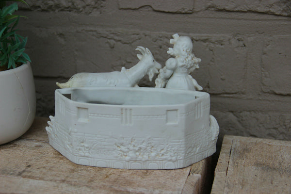 French vintage Small bisque porcelain girl with ram planter jardiniere vase