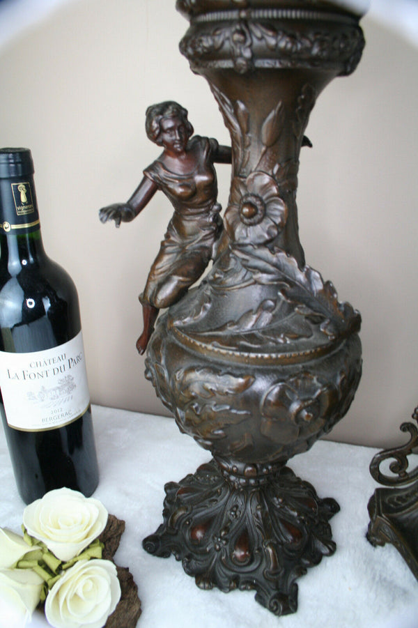 French spelter bronze Clock set Vases urns garniture 1960's art nouveau lady fig