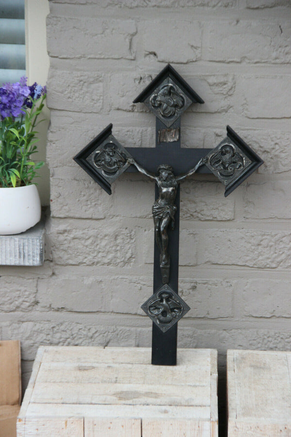 Antique Religious Crucifix silver christ 4 evangelists wood cross Religious top