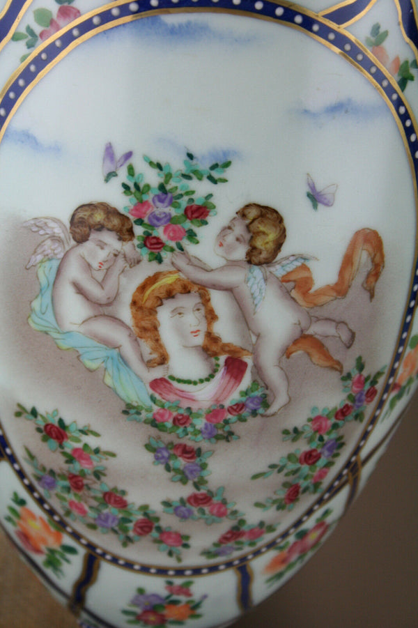 PAIR French porcelain Vases Romantic putti angels scene floral decor marked 50'