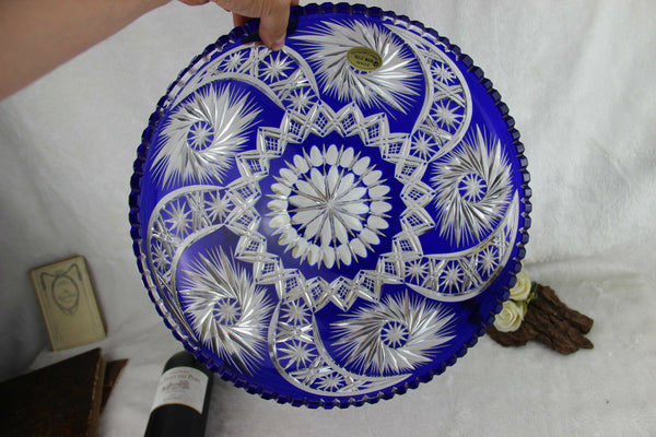 HUGE 1960 hand cut Bohemian Top crystal glass cobalt blue Fruit tray plate