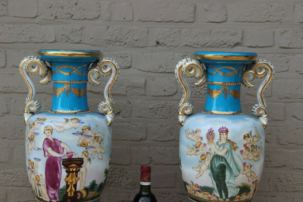 Majestical PAIR French romantic putti  Vases in sevres porcelain marble base